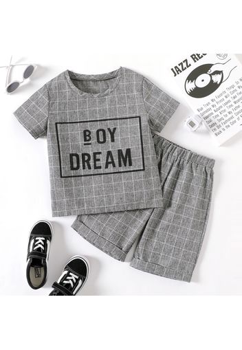 2pcs Kid Boy Letter Print Plaid Short-sleeve Tee and Elasticized Grey Shorts Set