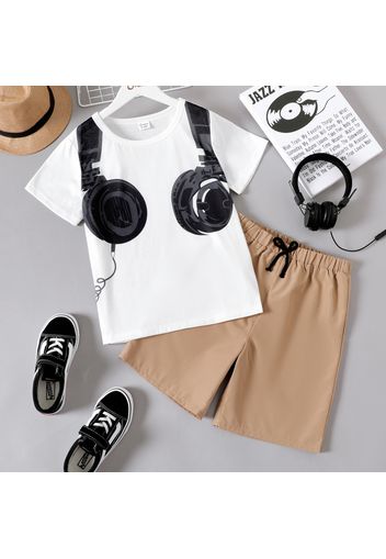 2pcs Kid Boy Headphone Print Short-sleeve White Tee and Khaki Shorts Set