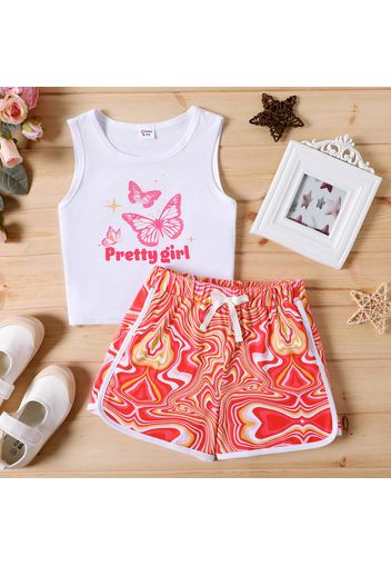 2pcs Kid Girl Letter Butterfly Print White Tank Top and Allover Print Shorts Set