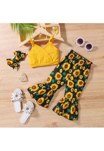 3pcs Baby Girl Ribbed Camisole Crop Top and Sunflower Floral Print Flared Pants with Headband Set