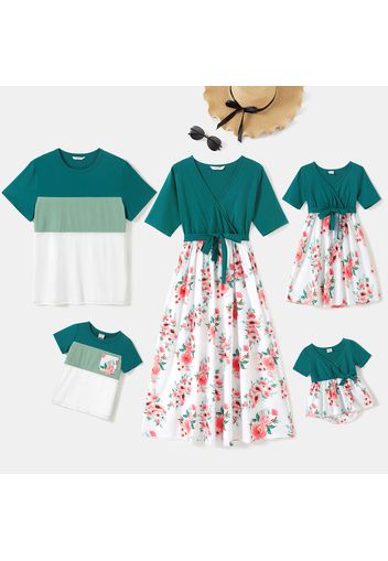 Floral Print Color Block Splice Family Matching Green and White Sets