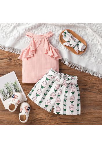 3pcs Baby Girl Halter Neck Ruffle Ribbed Top and All Over Pineapple Print Belted Shorts with Headband Set
