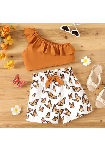 2pcs Kid Girl Ruffled One Shoulder Brown Tank Top and Butterfly Print Bowknot Design Shorts Set