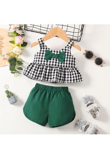 2pcs Baby Girl Plaid Spaghetti Strap Peplum Top and 100% Cotton Shorts Set