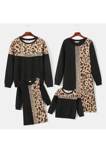 Leopard and Glitter Sequins Splicing Black Family Matching Long-sleeve Dresses and Sweatshirts Sets