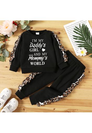 2-piece Toddler Girl Ruffled Letter Leopard Print Sweatshirt and Pants Set