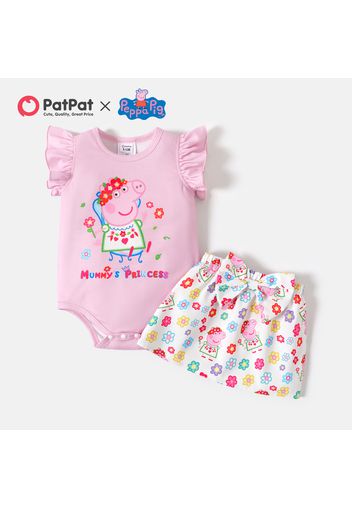 Peppa Pig 2pcs Baby Girl Pink Flutter-sleeve Graphic Romper and Allover Print Bow Front Skirt Set