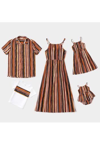 Family Matching Colorful Striped Sleeveless Spaghetti Strap Dresses and Tops Sets