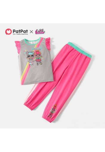 L.O.L. SURPRISE! 2pcs Kid Girl Cartoon Striped Print Flutter-sleeve Tee and Pink Pants Set