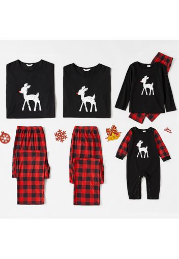 Christmas Reindeer Print Black Family Matching Long-sleeve Plaid Pajamas Sets (Flame Resistant)