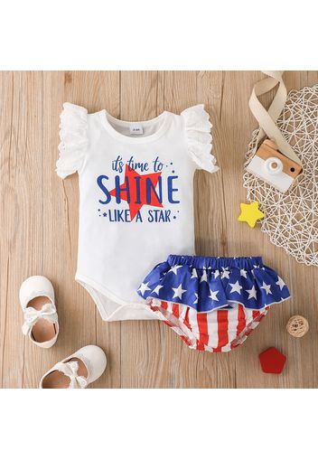 Independence Day 2pcs Baby Girl Letter Print Flutter-sleeve Romper and Stars Striped Shorts Set