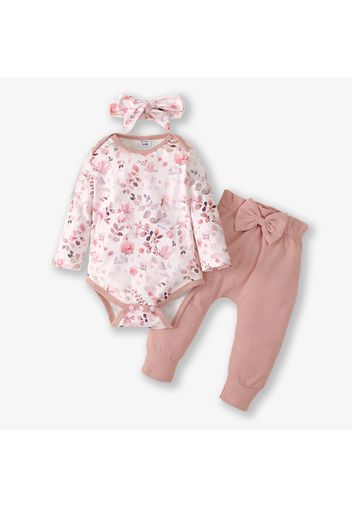 Baby 3pcs Floral Print Pink Long-sleeve Romper and Solid Trouser Set