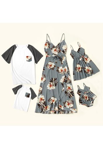 Floral Print Family Matching Sets(Sling V-neck Dresses for Mom and Girl ; Raglan Sleeves T-shirts for Dad and Boy)