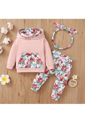 3pcs Floral Print Hooded Long-sleeve Baby Set