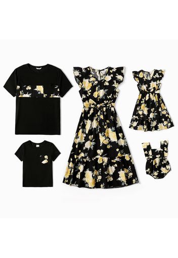 Family Matching Floral Print Black Flutter-sleeve Belted Dresses and Splicing Short-sleeve T-shirts Sets