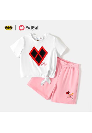 Batman 2-piece Kid girl Geo Print Tie Knot Short-sleeve White Cotton Tee and Letter Print Pink Shorts Set