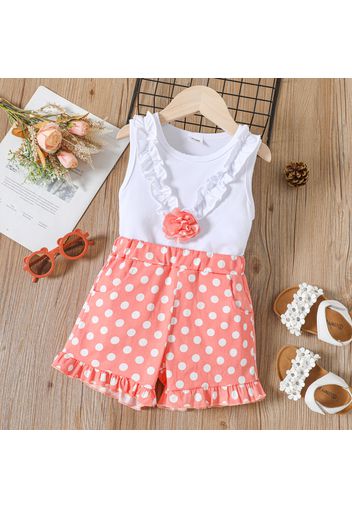 Mini Lady Toddler Girl 2pcs 100% Cotton 3D Floral and Ruffle Decor Sleeveless White Tank Top and Polka Dots Pink Shorts Set