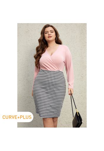 Women Plus Size Elegant Houndstooth Surplice Neck Long-sleeve Dress