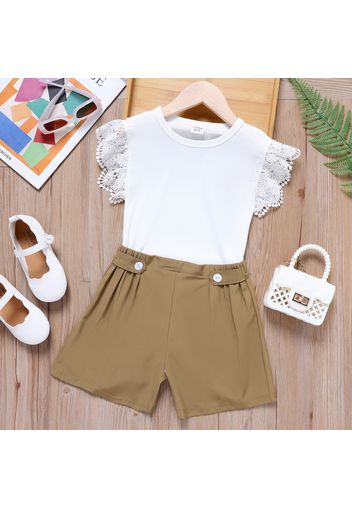 2pcs Kid Girl Lace Design Flutter-sleeve White Tee and Brown Button Design Shorts Set