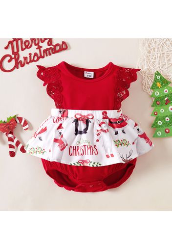 Baby Girl Red Christmas Letter Print Ruffle Splicing Lace Flutter-sleeve Romper