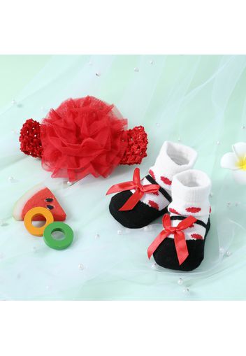 2-pack Newborn Baby Bow Decor Socks and Big Floral Headband Set for Girls