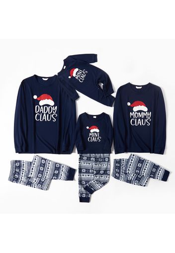 Christmas Hat and Letter Print Blue Family Matching Long-sleeve Pajamas Sets (Flame Resistant)