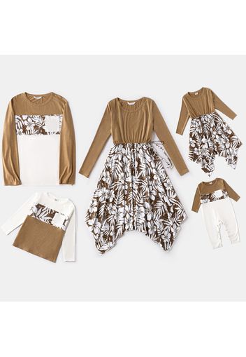 Family Matching Khaki Long-sleeve Floral Print Splicing Irregular Hem Dresses and T-shirts Sets