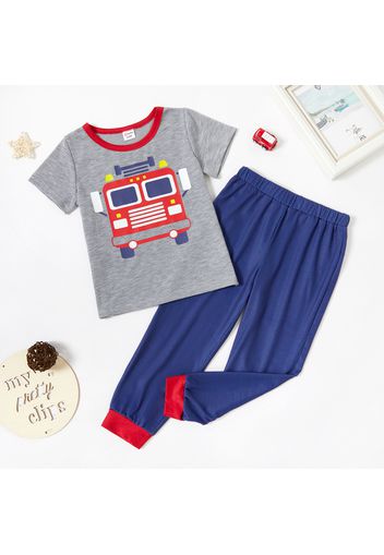 2-piece Toddler Boy Letter Vehicle Print Top and Colorblock/Stripe Pants Lounge Set