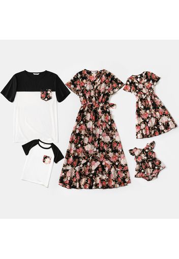 Family Matching Allover Floral Print V Neck Short-sleeve Ruffle Wrap Dresses and Raglan-sleeve T-shirts Sets