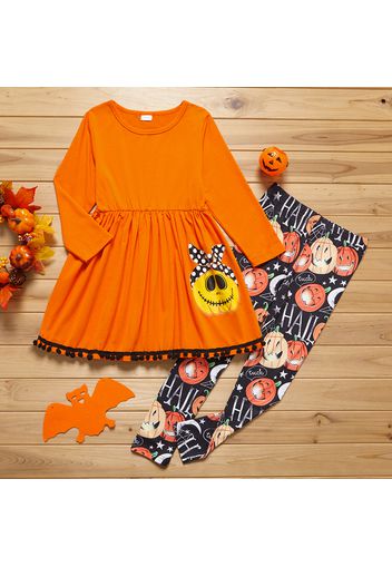 2-piece Kid Girl Halloween Pumpkin Print Pompom Hem Long-sleeve Top and Letter Print Leggings Set