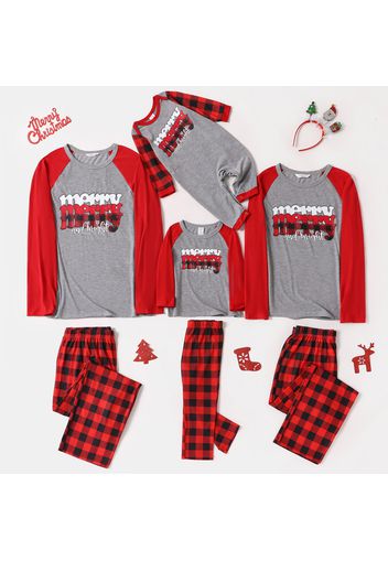 Christmas Letter Print Family Matching Red Raglan Long-sleeve Plaid Pajamas Sets (Flame Resistant)