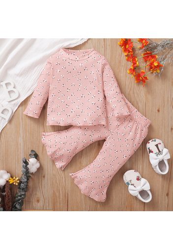 2pcs Baby Girl All Over Floral Print Long-sleeve Ribbed Top and Bell Bottom Pants Set