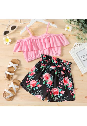 2-piece Kid Girl Sweet Flounce Pink Cami and Floral Print Belted Shorts