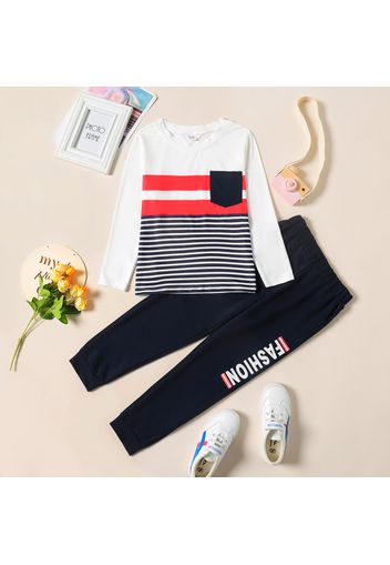 2-piece Kid Girl Stripe Pocket Design Long-sleeve Tee and Letter Print Pants Set