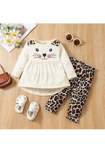 2pcs Baby Girl Cartoon Cat Print Long-sleeve Top and Leopard Pants Set