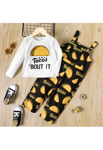 2pcs Toddler Boy Letter Food Print Long-sleeve Tee and Pocket Design Overalls Set