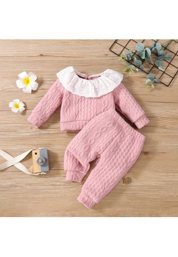 2pcs Baby Solid Imitation Knitting Ruffle Long-sleeve Cotton Top and Pants Set