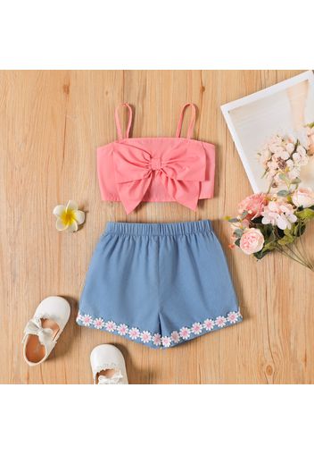 2pcs Toddler Girl Bowknot Design Pink Camisole and Floral Design Denim Shorts Set