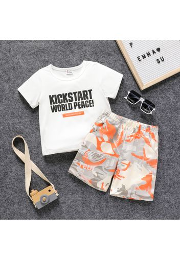 2pcs Toddler Boy Casual Letter Print Tee and Camouflage Print Shorts Set