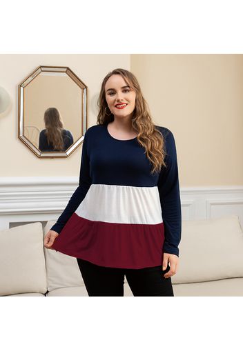 Women Plus Size Casual Colorblock Long-sleeve Tiered Tee