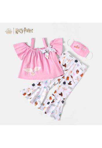 Harry Potter 2pcs Toddler Girl Bowknot Design Owl Print Pink Off Shoulder Strap Top and Flared Pants Set