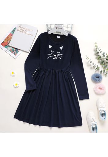 Kid Girl Animal Cat Print Solid Color Long-sleeve Dress