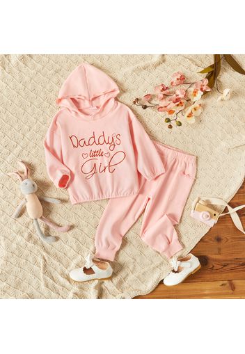 2-piece Toddler Girl Letter Print Lettuce Trim Hoodie and Pocket Design Solid Pants Set