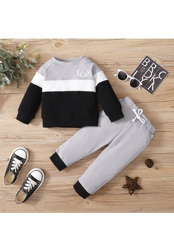 2-piece Baby Boy Deer Antlers Embroidery Colorblock Pullover Sweatshirt and Elasticized Pants Set