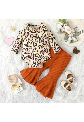 2pcs Baby Girl Leopard Cold Shoulder Long-sleeve Romper and Solid Ribbed Layered Ruffle Bell Bottom Pants Set