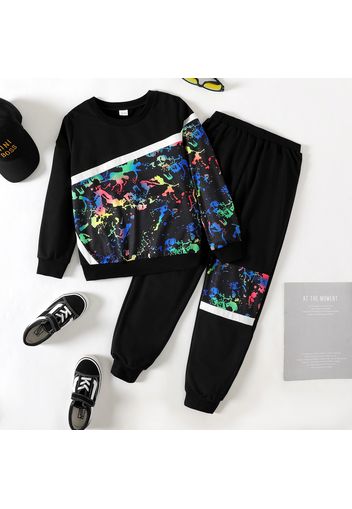 2pcs Kid Boy Painting Print Colorblock Sweatshirt and Pants Set