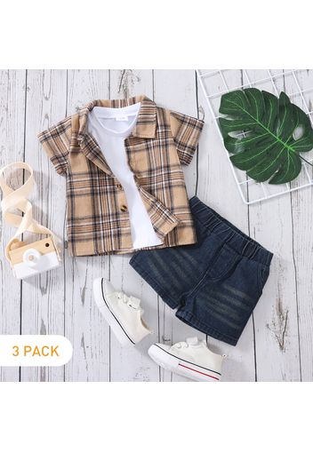 3pcs Baby Boy 100% Cotton Short-sleeve Plaid Shirt and Solid Tee with Denim Shorts Set