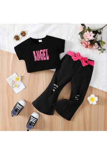 2pcs Toddler Girl Letter Print Short-sleeve Black Tee and Belted Flared Ripped Denim Jeans Set