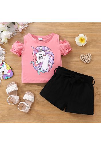 2pcs Toddler Girl Unicorn Print Cold Shoulder Short-sleeve Pink Tee and Belted Black Shorts Set