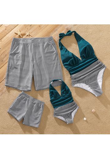 Family Matching Striped Swim Trunks Shorts and Halter Neck Splicing Ruched One-Piece Swimsuit